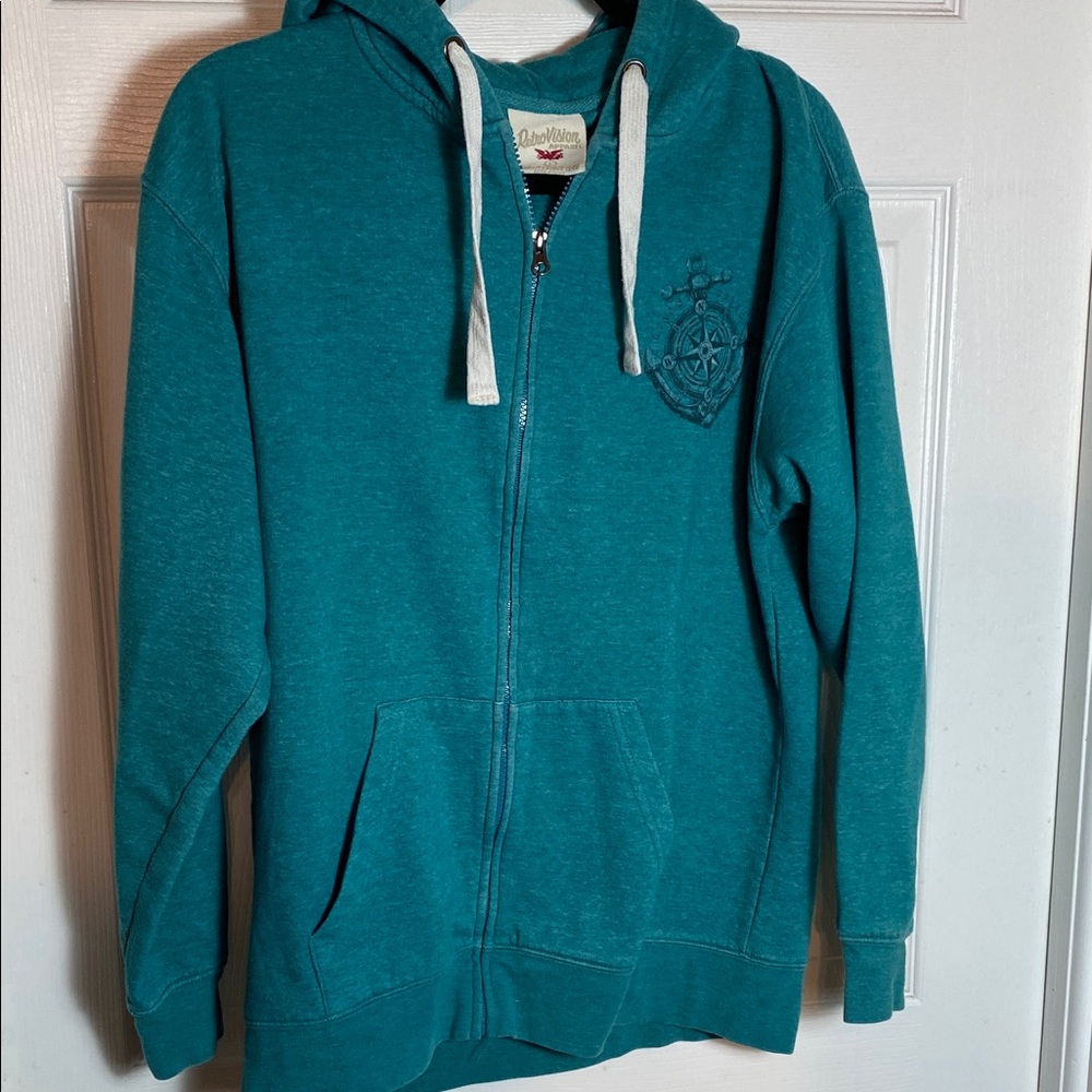 Teal Zip-Up Hoodie with Nautical Crest Size L